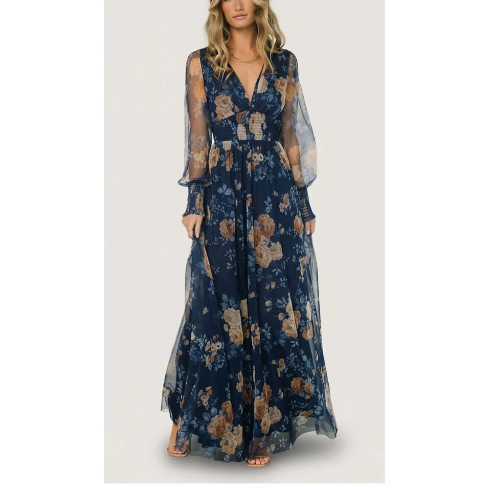NEW Baltic Born Layla Tulle Maxi Dress Blue Golden Floral V-Neck Smocked Large - Picture 1 of 16